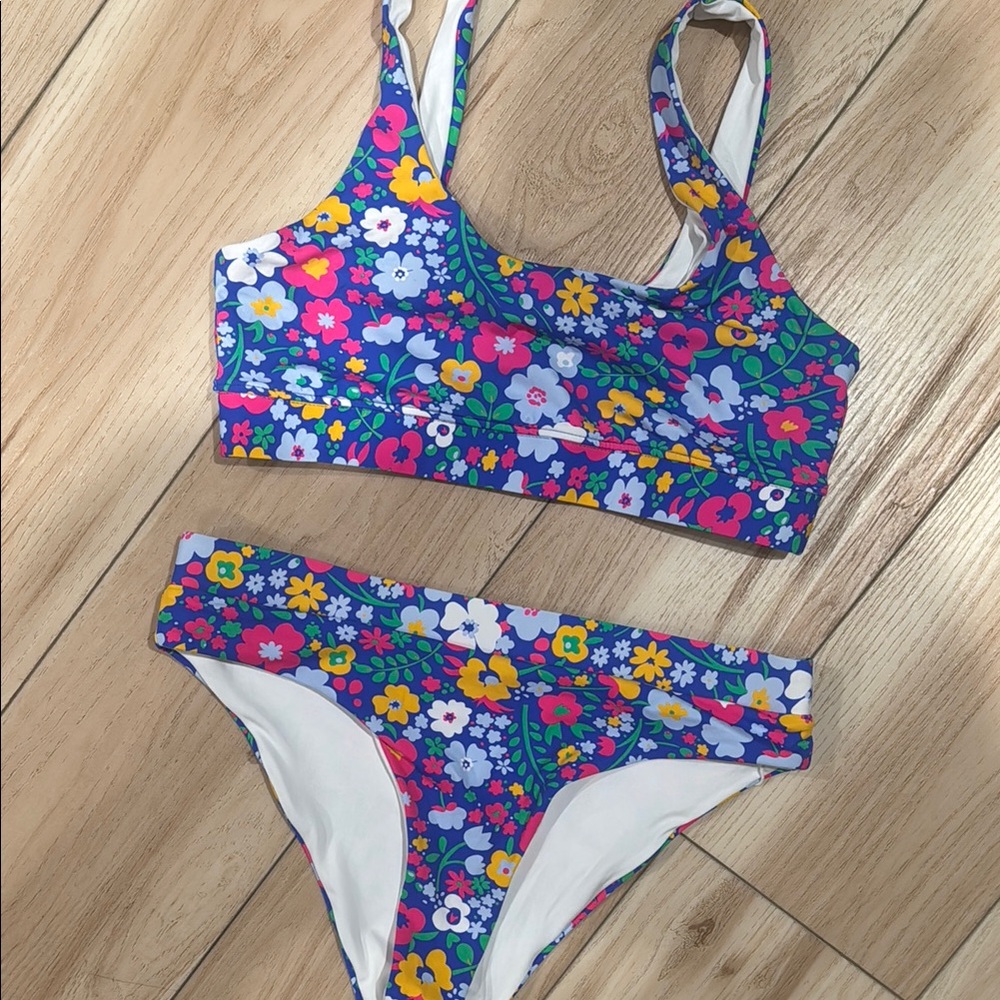 Blue and Yellow Bikini Set with Floral Print